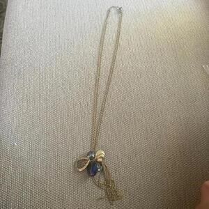 Gold chain long boho necklace blue and gold stones tassel bottom